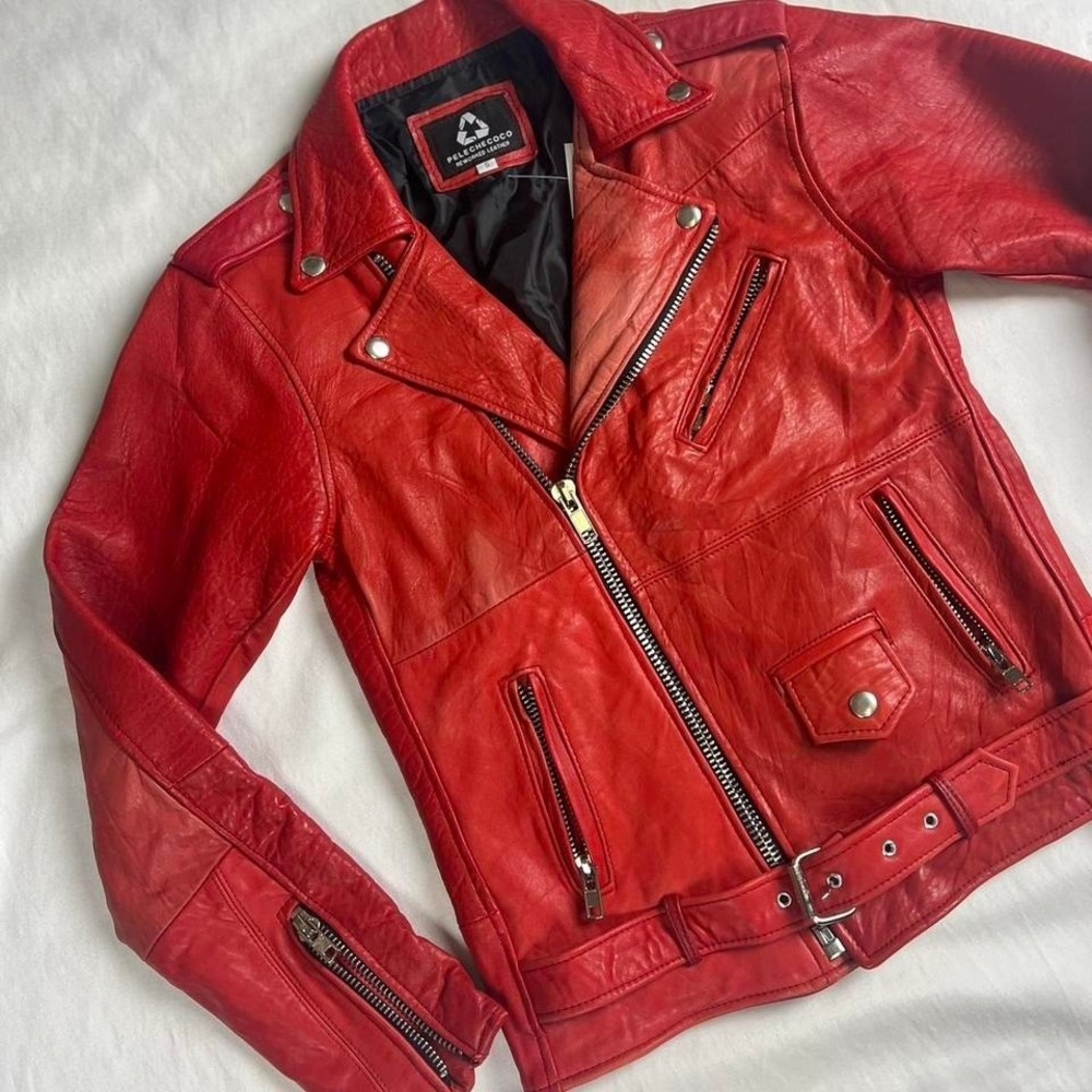 Red leather biker style jacket Pelechecoco Women's Small